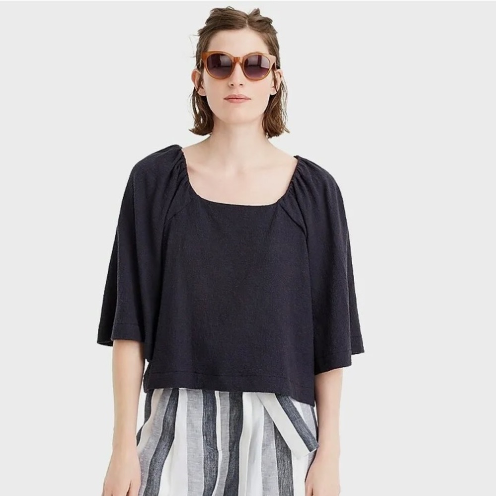 Point Sur by J. Crew Squared Neckline Full Short Sleeve Cotton Top Blouse Navy🔵